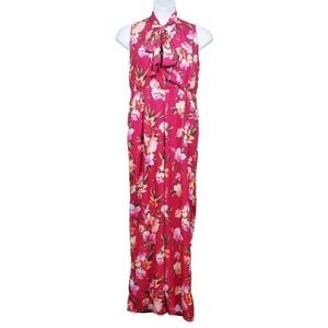 New York & Company Womens Pink Floral Tie Neck Wide Leg Jumpsuit Size L NWT